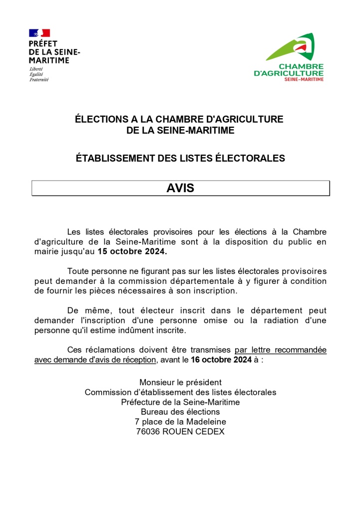 Elections à la Chambre d'Agriculture de la Seine-Maritime