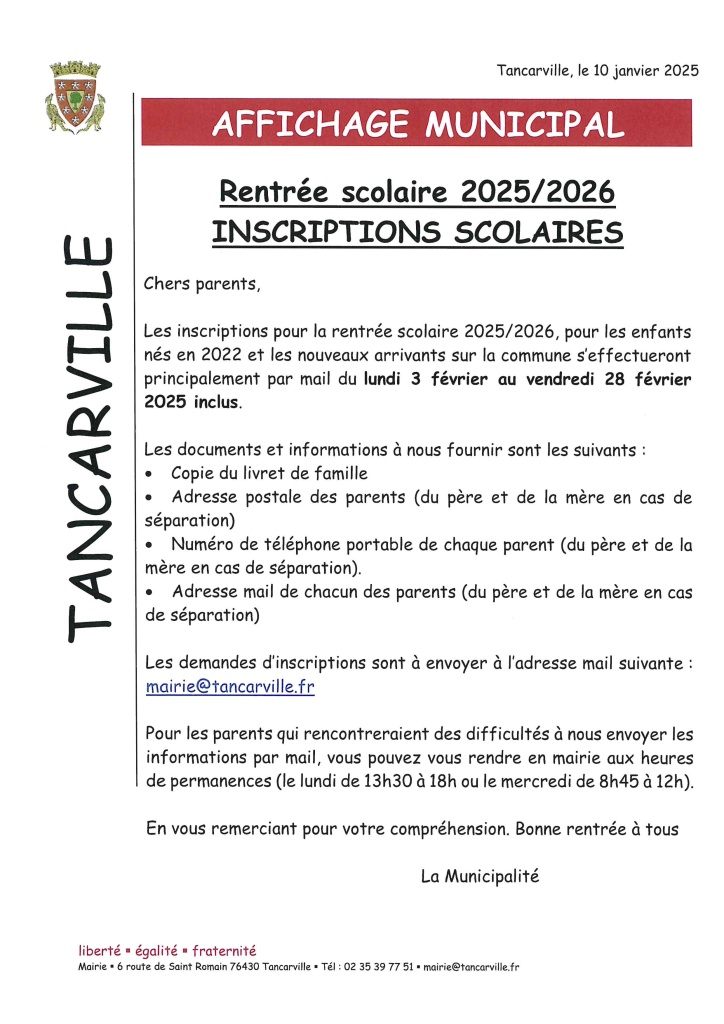 Inscriptions scolaires rentrée 2025/2026